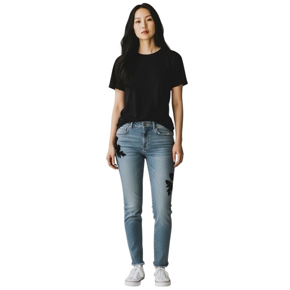LOFT Denim - LOFT Modern Skinny Cropped Blue Jeans w/ Black Velvet Floral Accents Size 27/4